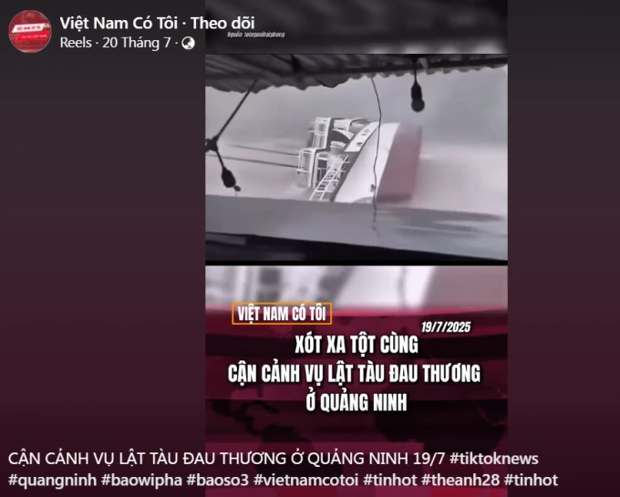 Một fanpage đăng video tàu chìm trong đợt bão Yagi nhưng chú thích là vụ lật tàu 19/7. Ảnh chụp màn hình