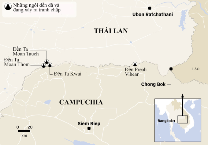 Vị trí đền Ta Muan Thom/Ta Muen Thom cùng các đền tranh chấp giữa Campuchia và Thái Lan. Đồ họa: CNA