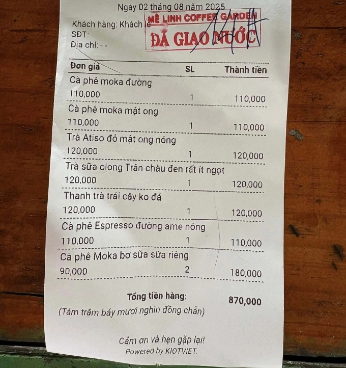 Hóa đơn anh An thanh toán. Ảnh: NVCC