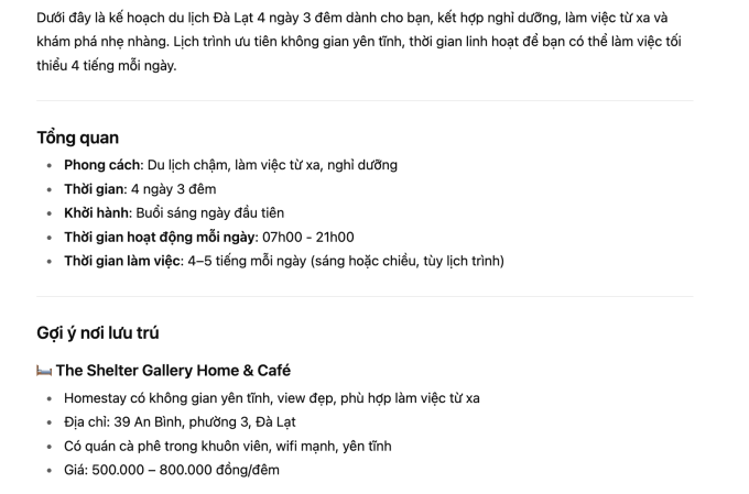AI đưa gợi ý về lịch trình du lịch Đà Lạt. Ảnh chụp màn hình