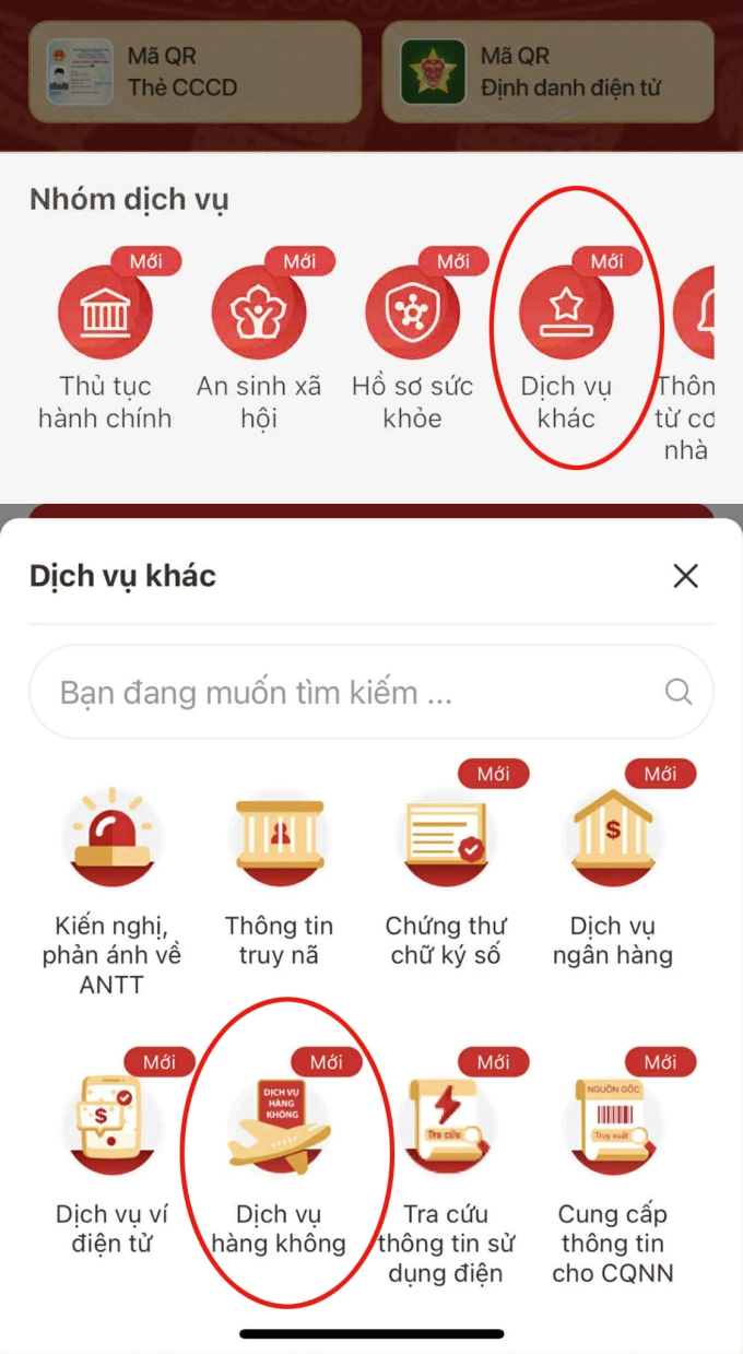 Phần làm thủ tục trực tuyến trong ứng dụng VNeID.