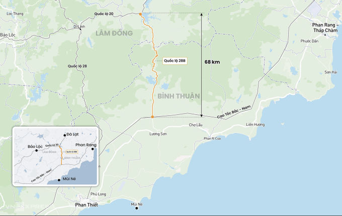 Hướng tuyến quốc lộ 28B qua đèo Đại Ninh. Đồ họa:Hoàng Chương