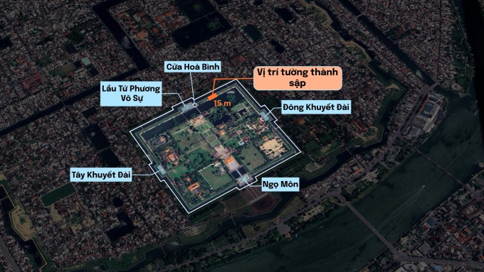 Vị trí tường thành sập đoạn qua đường Đặng Thái Thân. Đồ hoạ: Đỗ Nam