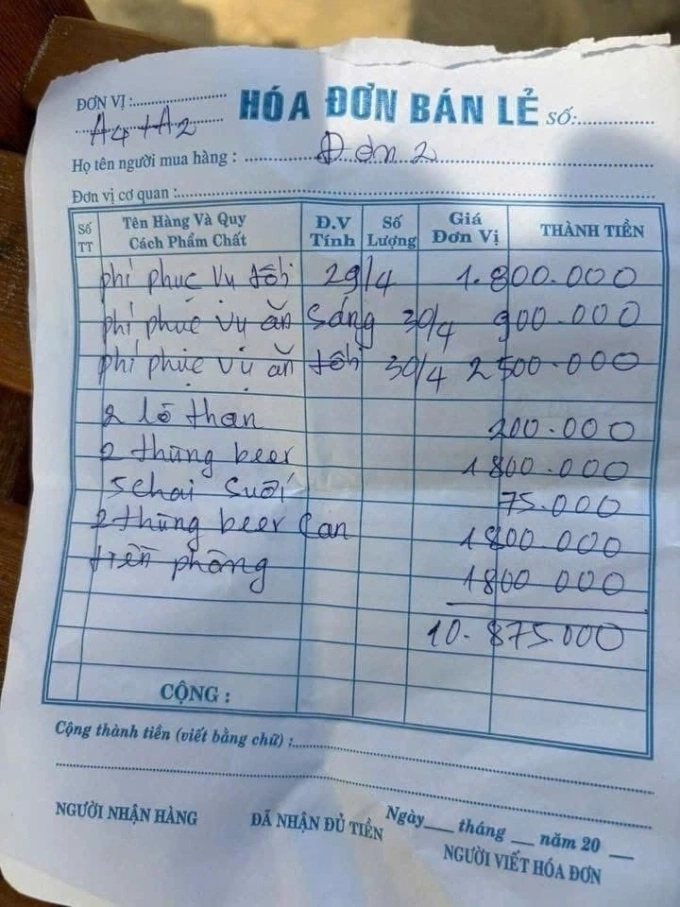 Hóa đơn thanh toán nhóm khách phải chi trả cho khách sạn. Ảnh: NVCC