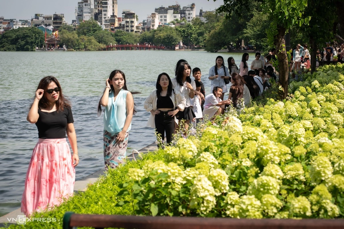 Xếp hàng chờ chụp ảnh cùng hoa cẩm tú cầu bên hồ Gươm